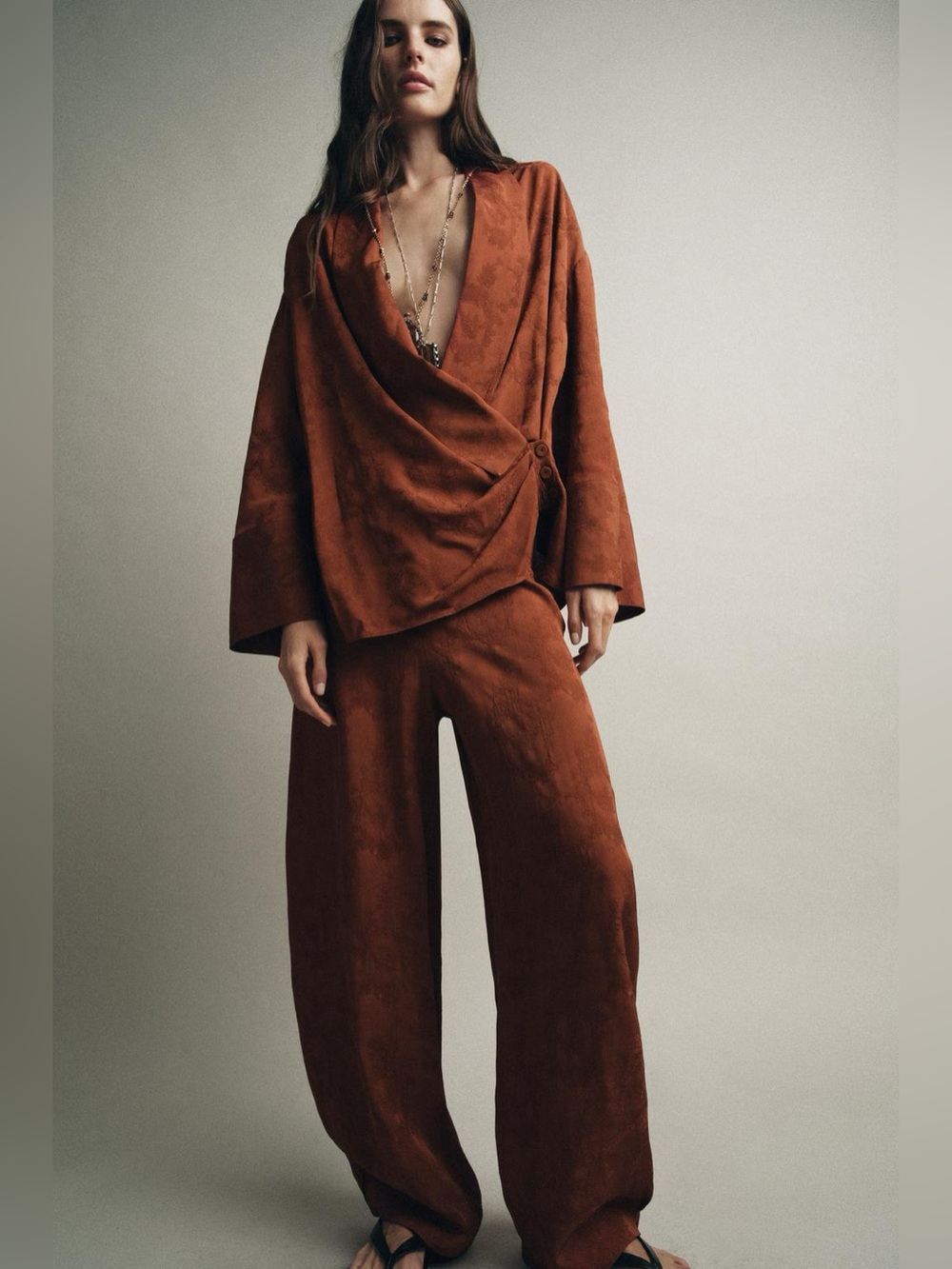NWT. Zara ZW Collection Russet Viscose Jacquard Trousers. Size XS. - Picture 2 of 12